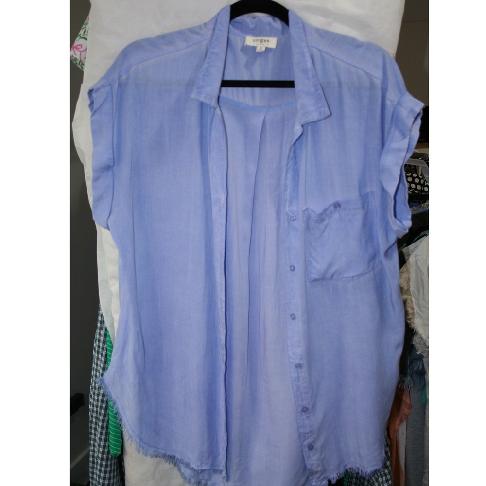 Umgee USA Women Periwinkle Blue Rayon Frayed Hem Button Down Shirt M A3025